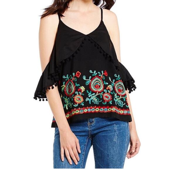 Gianni Bini Floral Embroidered Off-Shoulder Top with Adjustable Straps S EUC - Picture 1 of 9